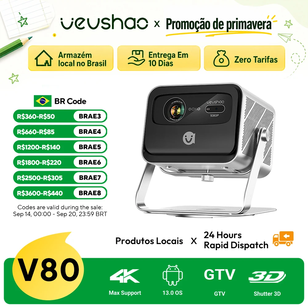 Vevshao v80 4k projetor completo hd1080p 2200 ânis lumens android 11.0 wifi 6 projetores de cinema em casa de vídeo com suporte base