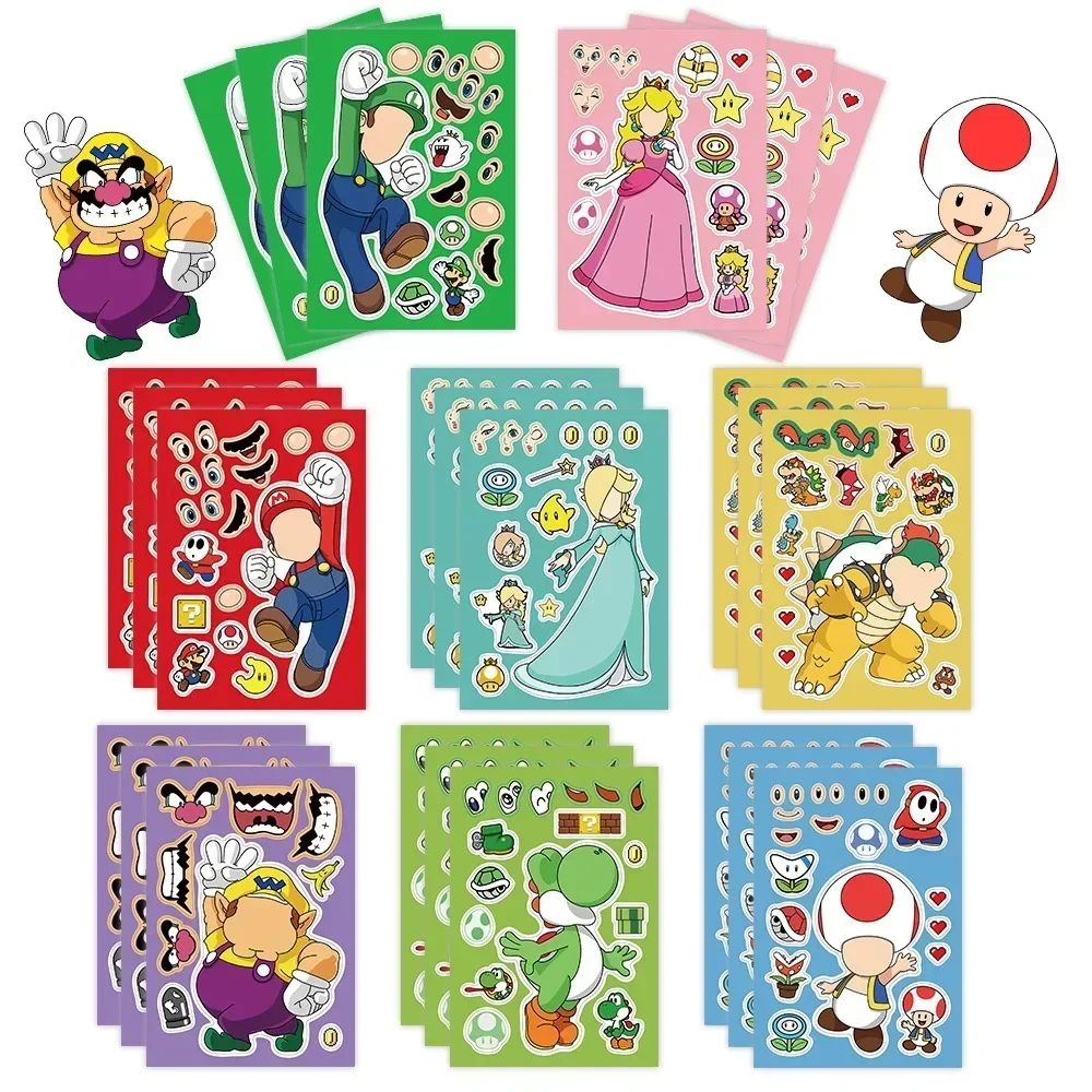 8/16 Folhas de Adesivos de Quebra-Cabeça Kawaii de Personagens de Anime Mario Bros, Decoração Divertida de Desenhos Animados para Bagagem, Skate, Caderno, Copo, Guitarra, Brinquedo Infantil
