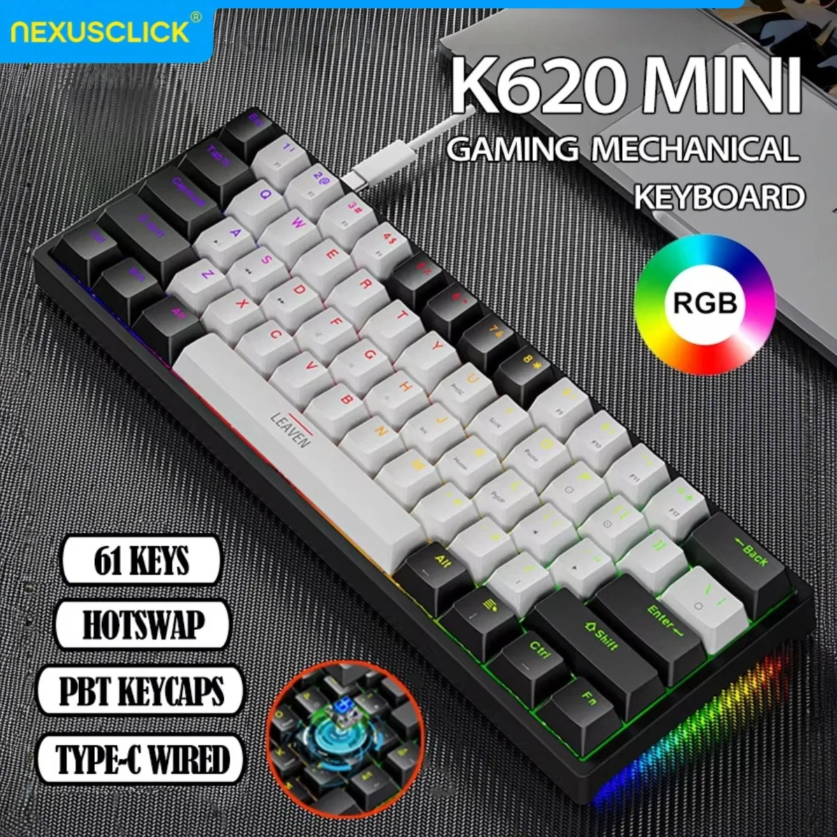 Teclado Mecânico NexusClick K620 com 61 Teclas Hot Swappable, Teclado Gamer RGB com Fio Tipo-C, Keycaps PBT Double Shot para Esports