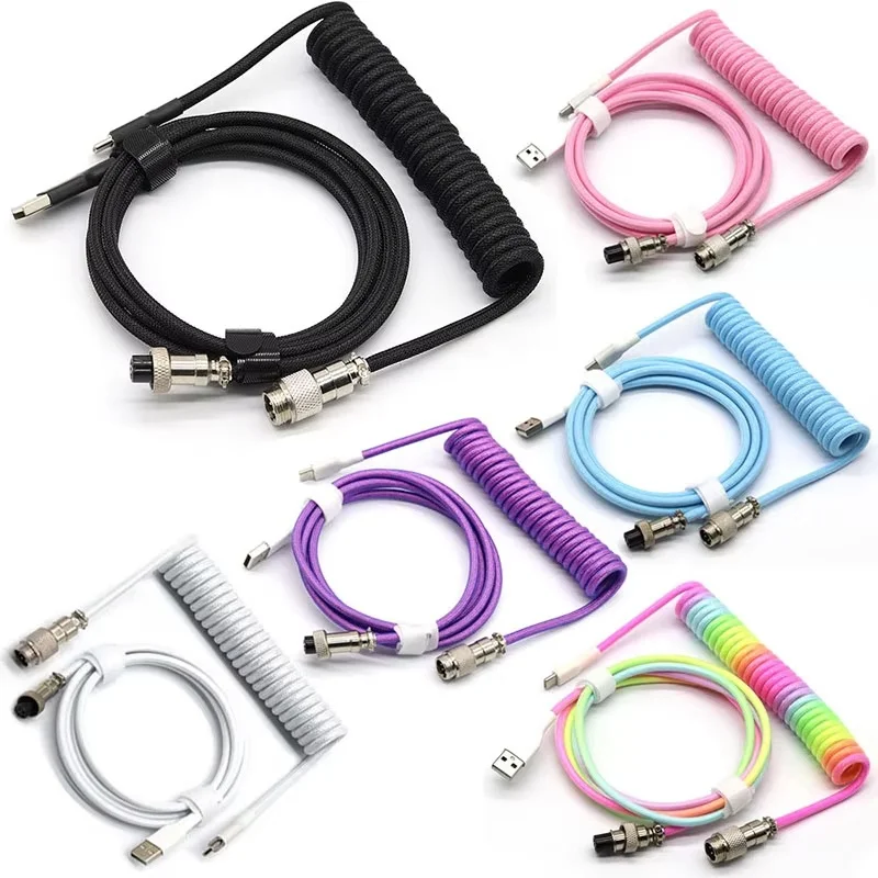Cabo Espiral USB Tipo C para Teclado Mecânico, Conector de Hardware para Computador, Cabo Mecânico de Aviação, Cabo Espiral para Teclado USB Gamer