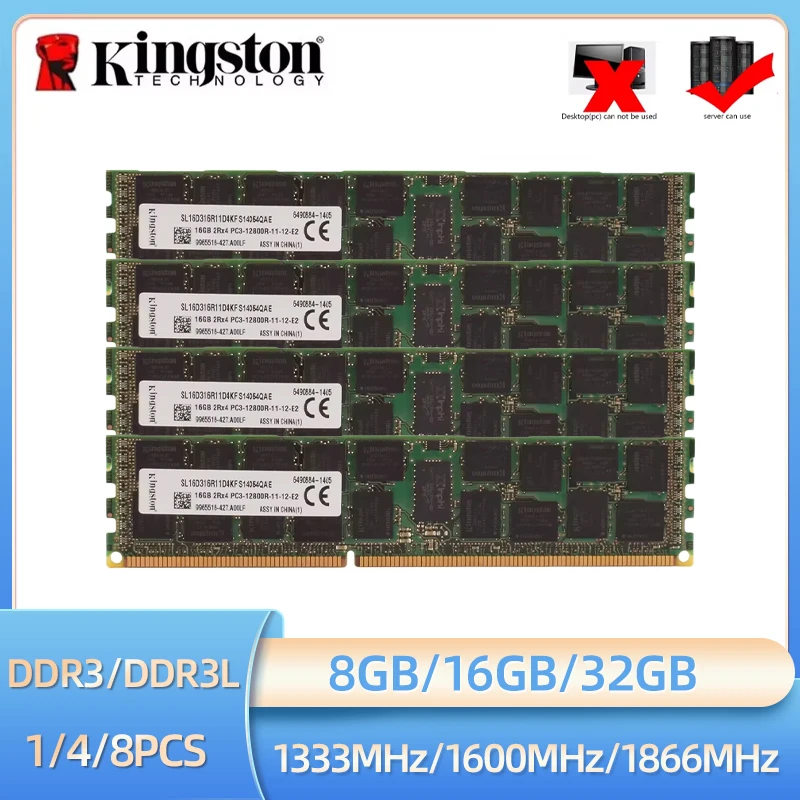 1/4/8PCS Kingston DDR3 DDR3L Memória RAM para Servidor REG ECC 8GB 16G 32G 1066 1333 1600 1866MHz Memória ECC Registrada Compatível com Placas-Mãe X79 X99