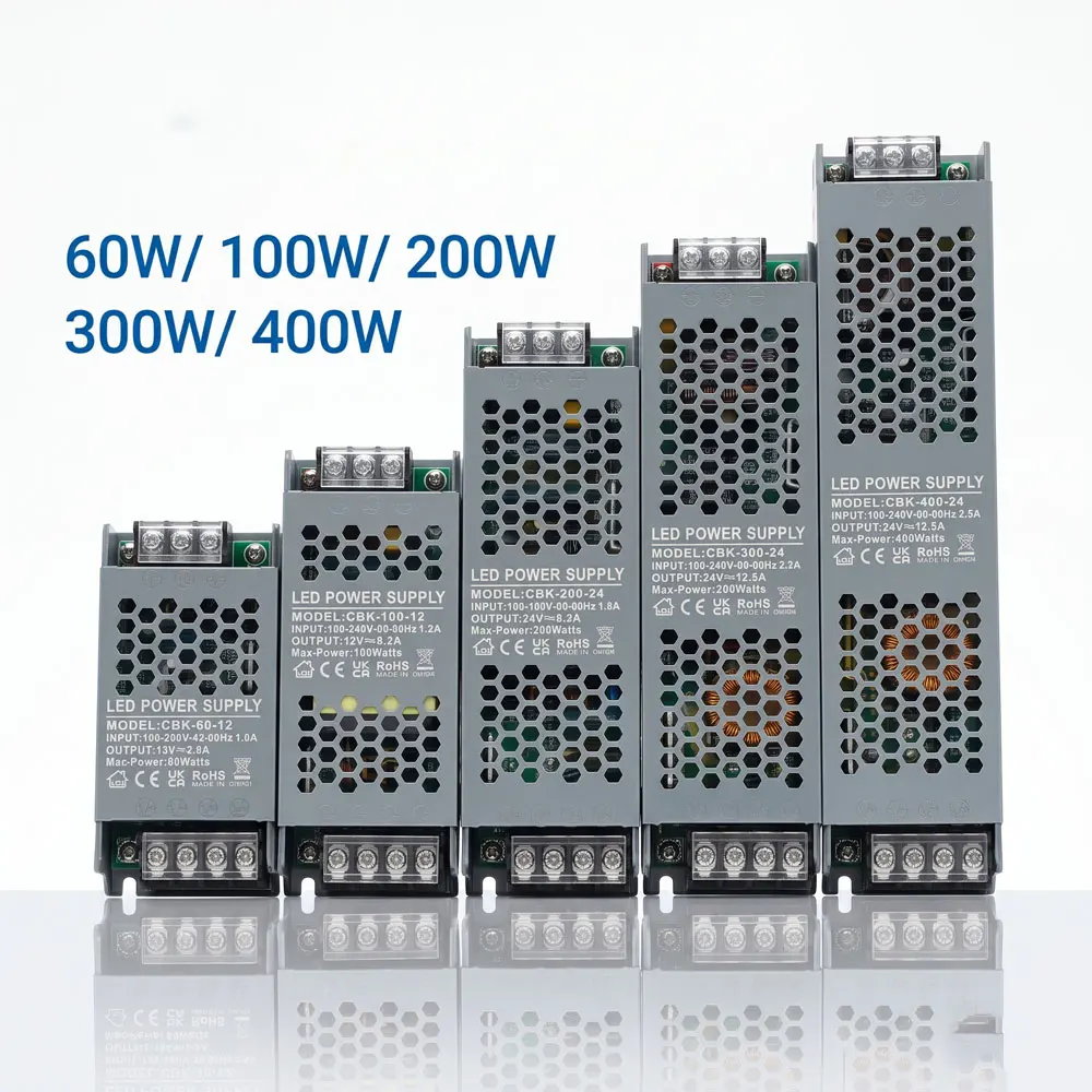 Fonte de Alimentação LED Ultrafina 12V 24V 60W 100W 200W 300W 400W Transformador AC-DC para Fita de LED e Driver de Iluminação