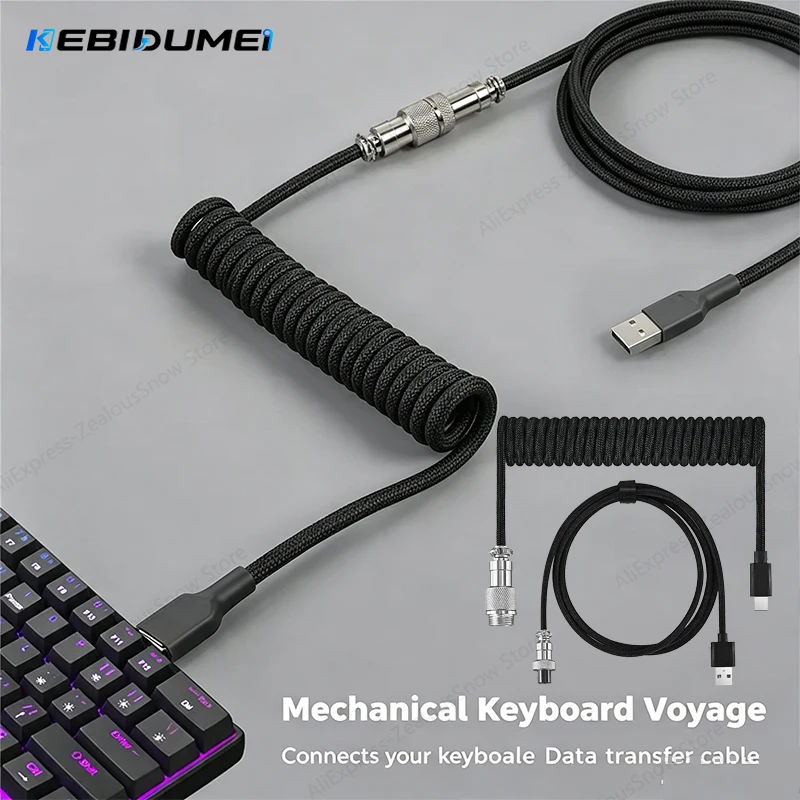 Cabo Espiral para Teclado Mecânico KEBIDUMEI, USB Tipo C, Conector de Hardware, Cabo Trançado de Aviação, Cabo Espiral para Teclado Gamer com Fio