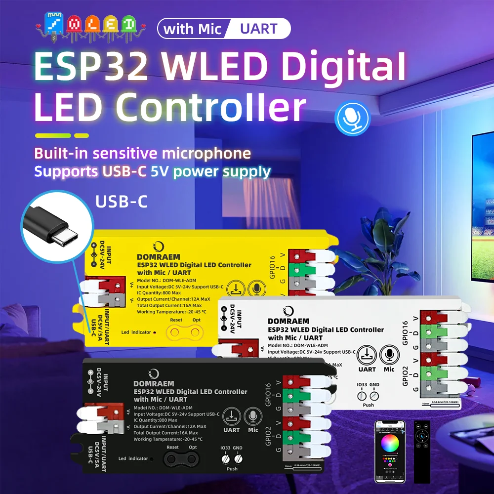Controlador LED Endereçável DOMRAEM ESP32 WLED USB-C com Microfone/UART, Suporta Fitas IC RGB WS2814/12B etc., Fusível de 16A, Compatível com Alexa