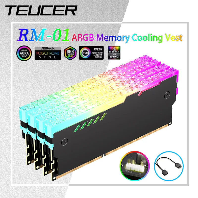 Teucer 5v 3pin argb ram dissipador de calor aura sync ddr4 ddr3 memória dissipador de calor com almofada térmica de silicone para computador desktop memória pc