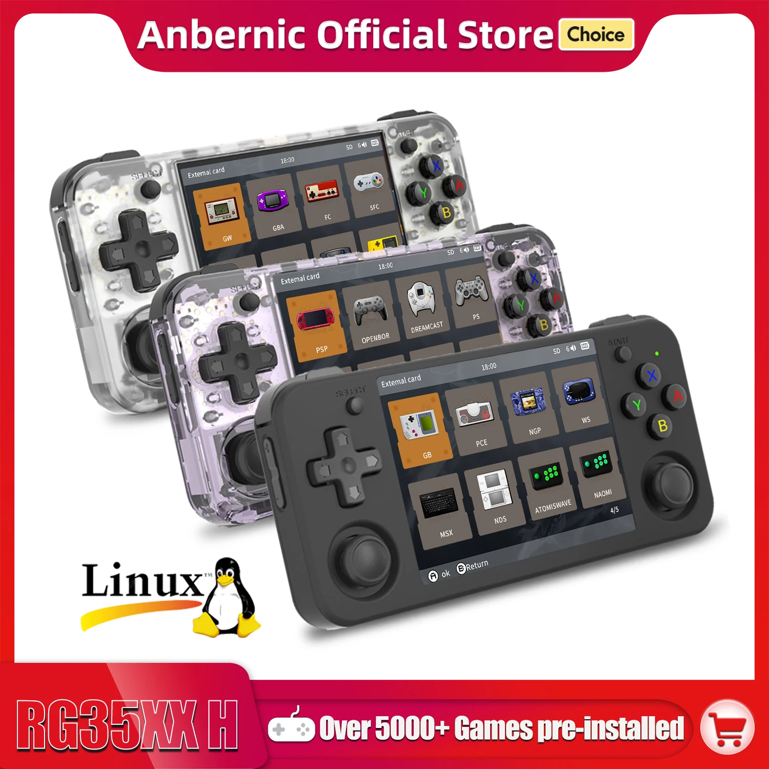 Consoles portáteis Anbernic RG35XX H para jogos de vídeo com tela IPS de 3,5 polegadas 640*480, console de jogos retrô com 3300 mAh e mais de 5000 jogos.