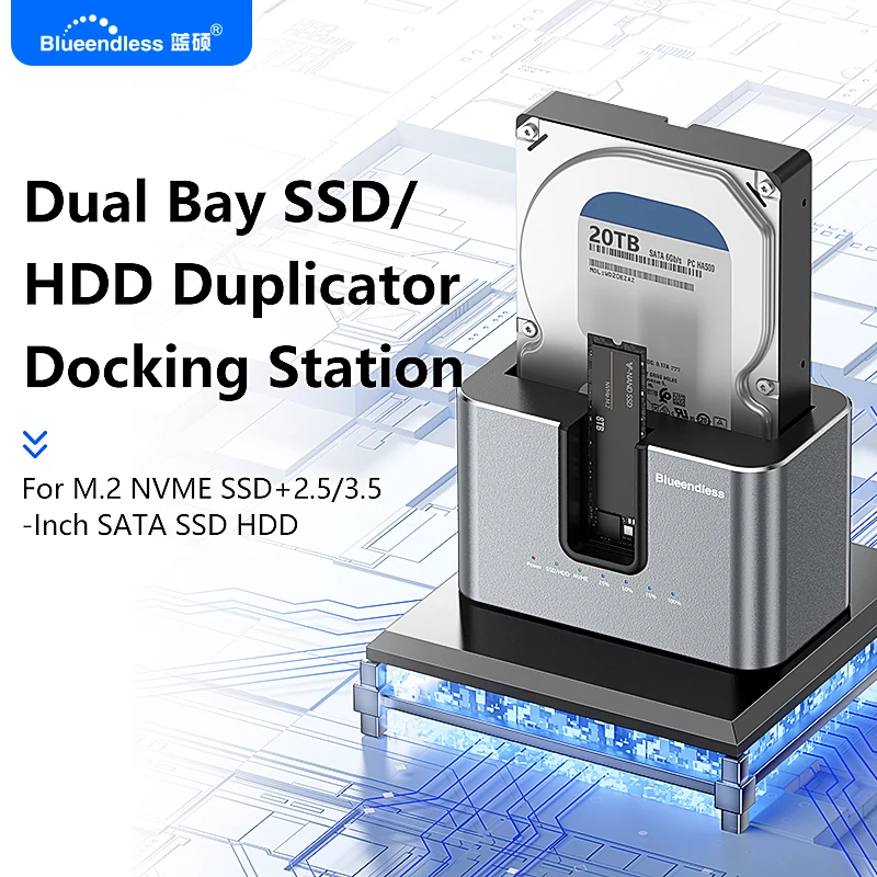 Estação de Duplicação/Adaptador Blueendless Offline com Função Clone para SSD/HDD M.2 NVMe para SATA 2.5/3.5 polegadas Estação de Duplicação/Adaptador Blueendless Offline com Função Clone para SSD/HDD M.2 NVMe para SATA 2.5/3.5 polegadas