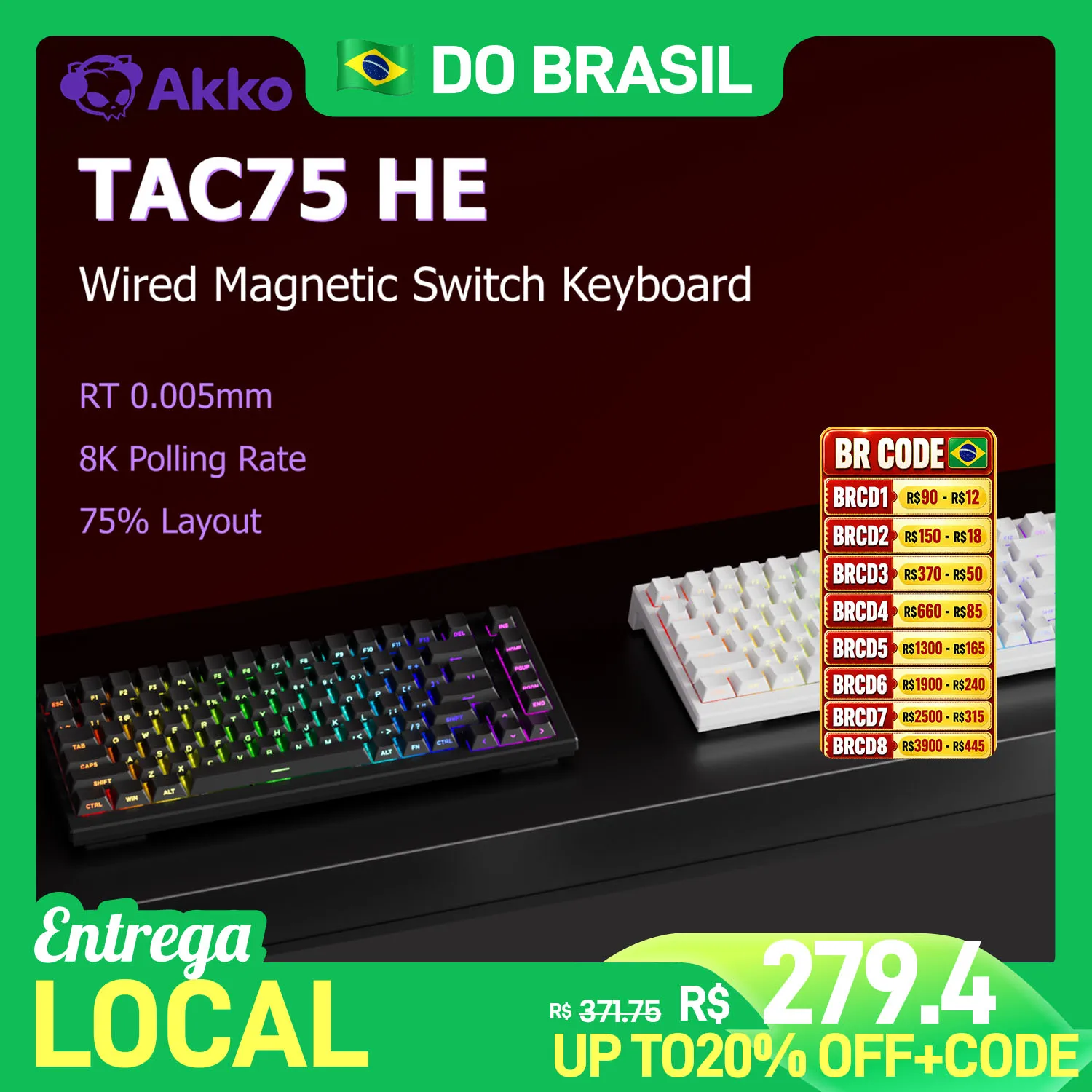 Teclado Mecânico Personalizado Akko TAC75 HE 75% com Switches Magnéticos, Rapid Trigger 0.005mm, ARGB, Taxa de Polling 8K, com Fio para Gamers