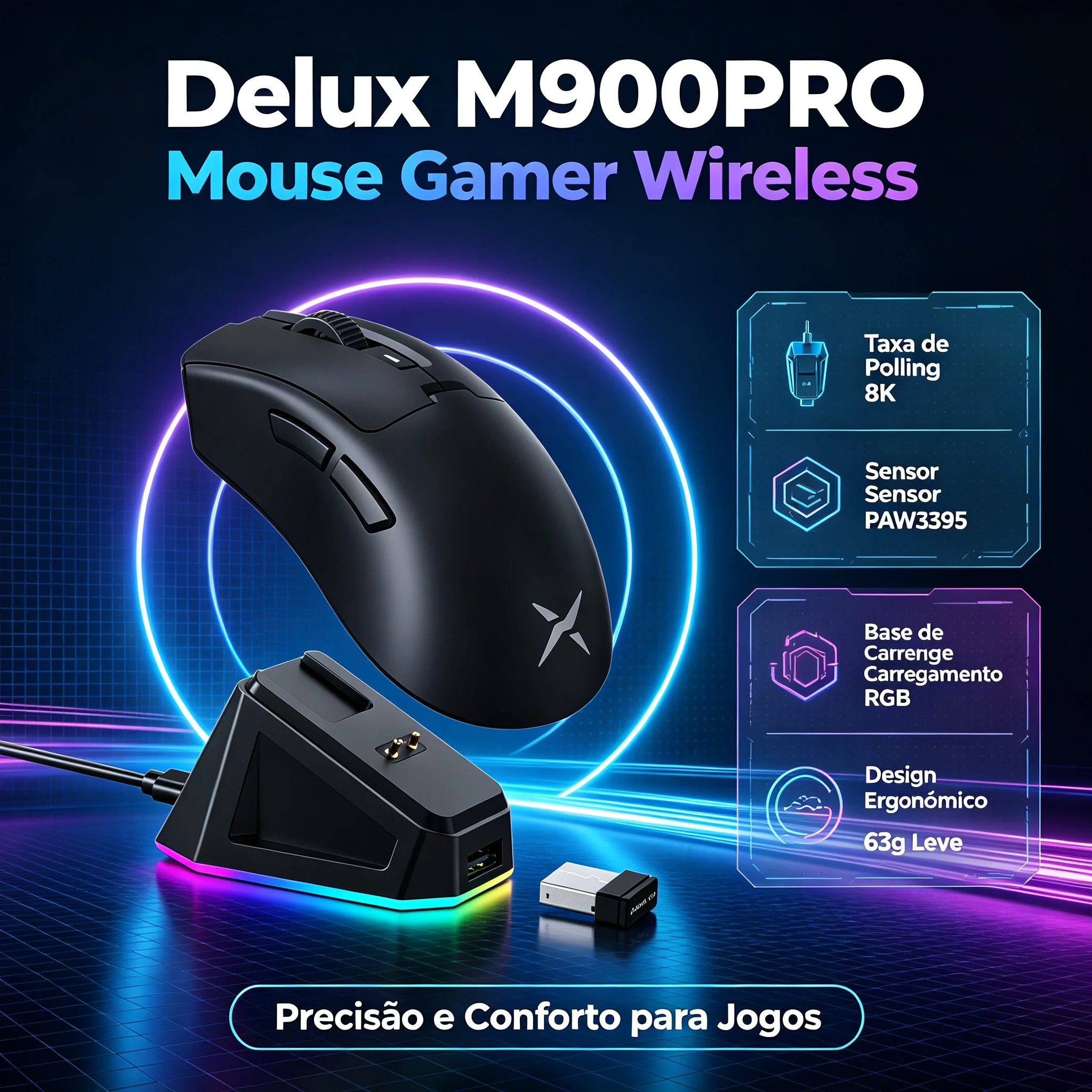 Mouse Gamer Sem Fio Delux M900PRO, Taxa de Polling de 8K, Bateria de 500mAh, PAW3395, Dock de Carregamento RGB, Leve com 63g