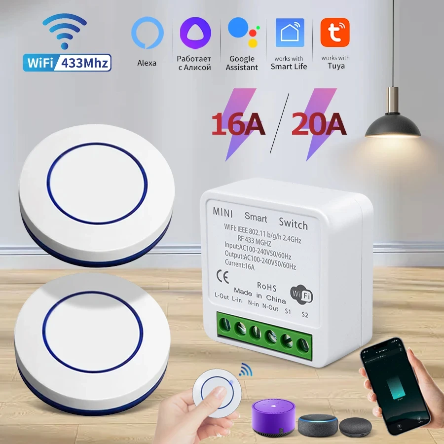 Interruptor Inteligente Sem Fio Tuya WiFi 16A RF 433Mhz, Receptor Mini Interruptor Redondo com Controle por Voz Alexa, Google Home e Alice