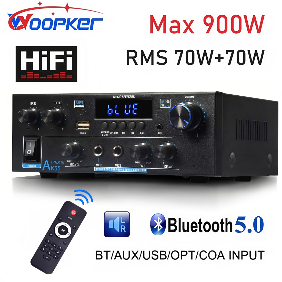 Amplificador woopker ak55 900w max 2.0 canais avaliados 70w + 70w bluetooth áudio hifi amp karaokê leitor de música suporte 110v 220v 12v