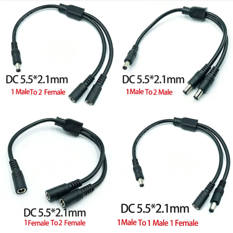 Conector DC 5.5mm*2.1mm 1 para 2, Plugue Macho para Fêmea, Cabo Divisor de Energia DC, Adaptador de Fonte de Alimentação para CCTV e Fita de LED
