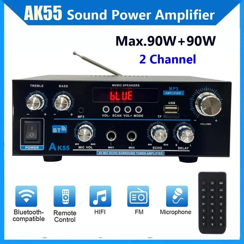 Ak55 amplificador de música compatível com bluetooth, para casa, carro, karaokê, 2 canais, alta fidelidade, estéreo, fm, usb, controle remoto, áudio