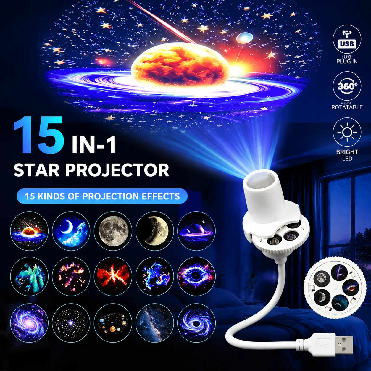 Luz de Céu Estrelado USB Plug-in 360 ° Luz Noturna Projetora Rotativa Criativa para Quarto, Lâmpada Noturna LED com Atmosfera de Lua e Estrelas