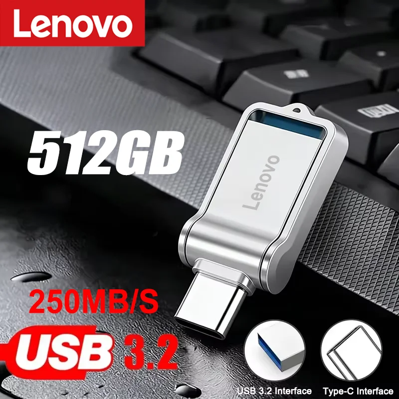 Pen Drive Lenovo 512GB USB 3.2 Tipo C de Alta Velocidade para Transferência de Dados 256GB para Computadores, Telefones e PCs