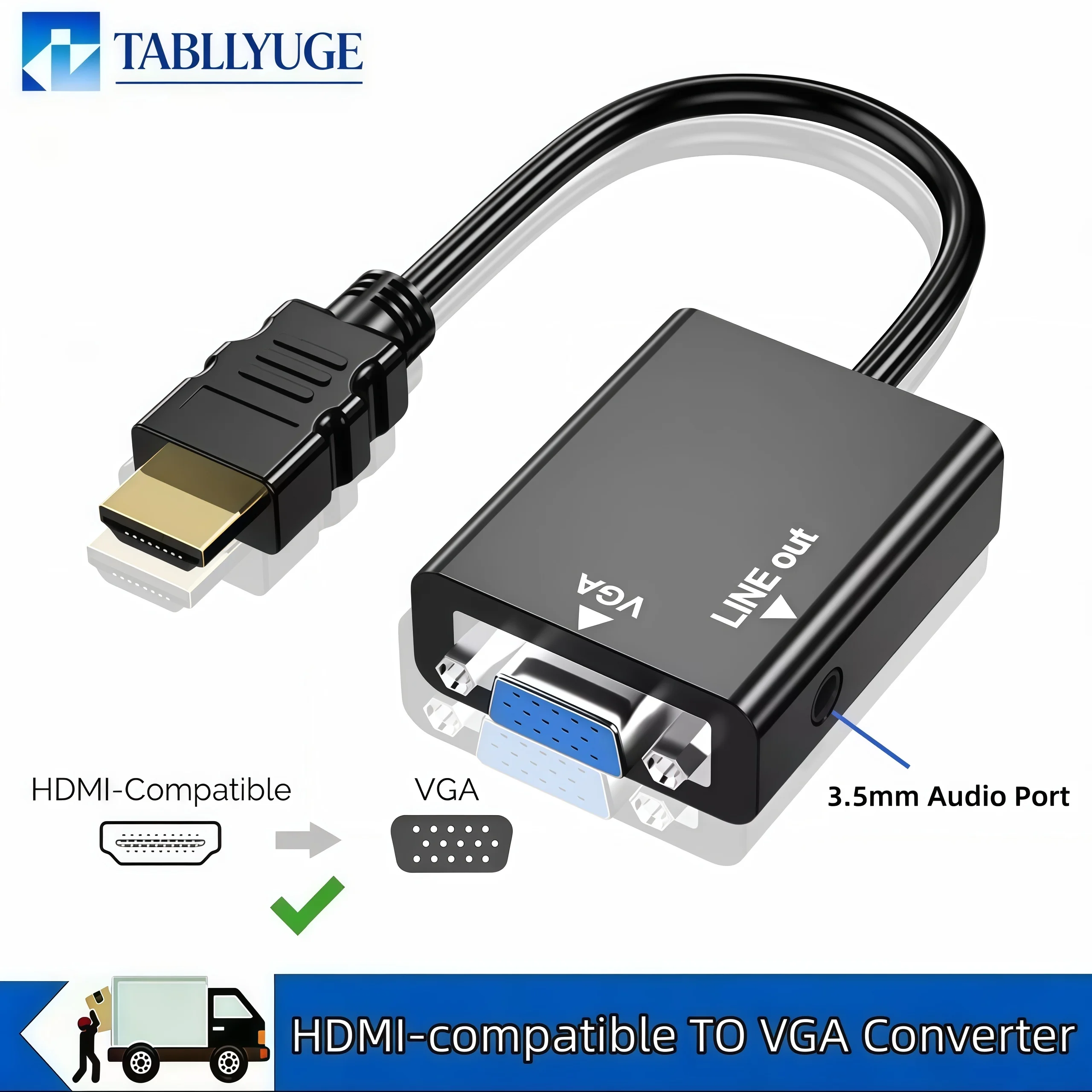 Cabo HDMI compatível com VGA 1080P, adaptador conversor de áudio e vídeo macho para macho para PC, laptop, HDTV, projetor