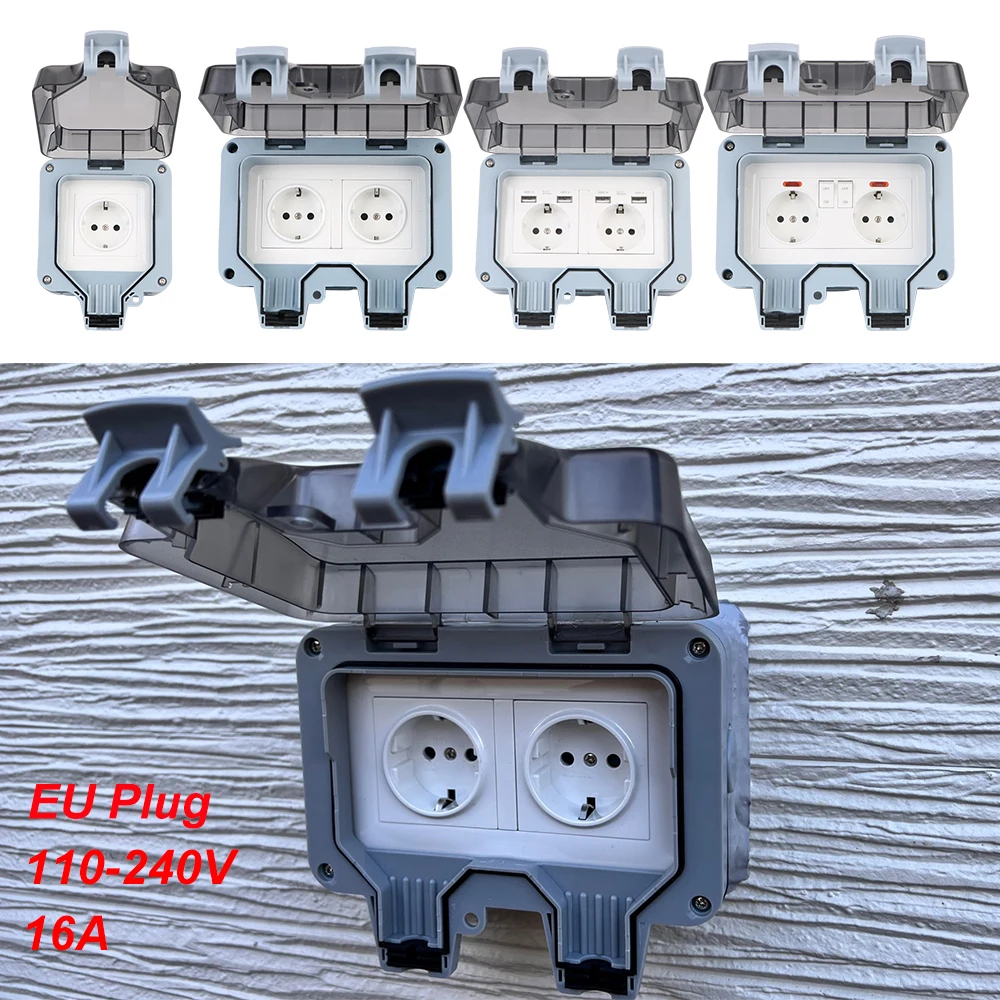 Tomada dupla ue interruptor de fonte de alimentação 16a tomada de parede externa com carregamento usb para casa e jardim ip66 à prova de intempéries
