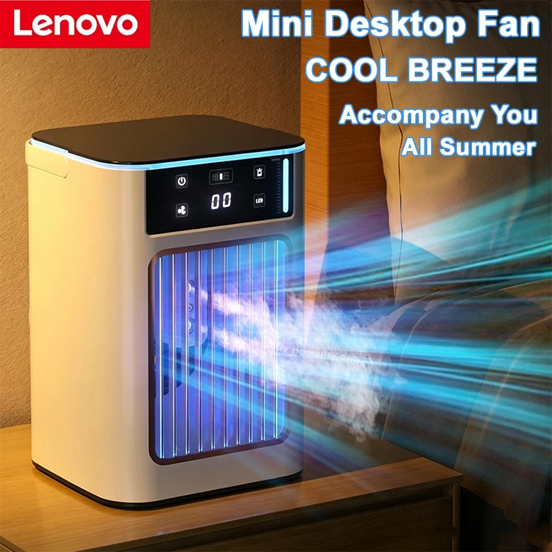 Ventilador de Mesa Portátil Lenovo USB com Resfriador de Ar e Umidificador, Tanque de Água com Spray Duplo e Caixa de Gelo para Quarto e Casa