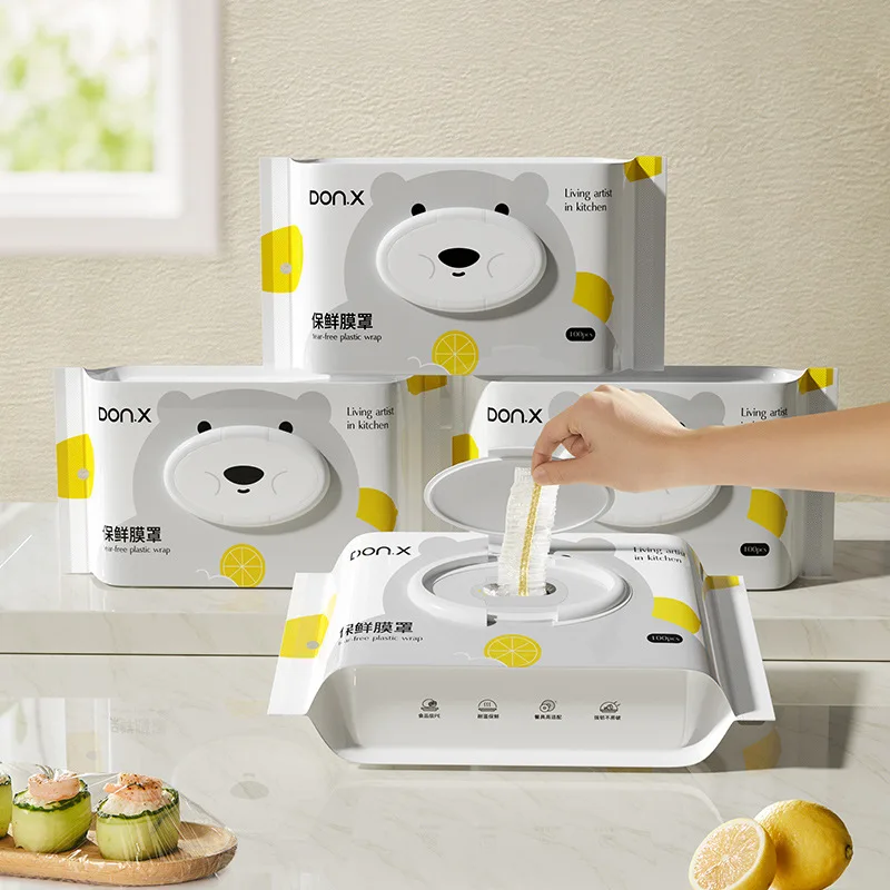 Pacote com 100 Coberturas Descartáveis de Plástico de Grau Alimentício para Sobras de Cozinha Doméstica e Geladeira, Estilo Pendurável e Retrátil