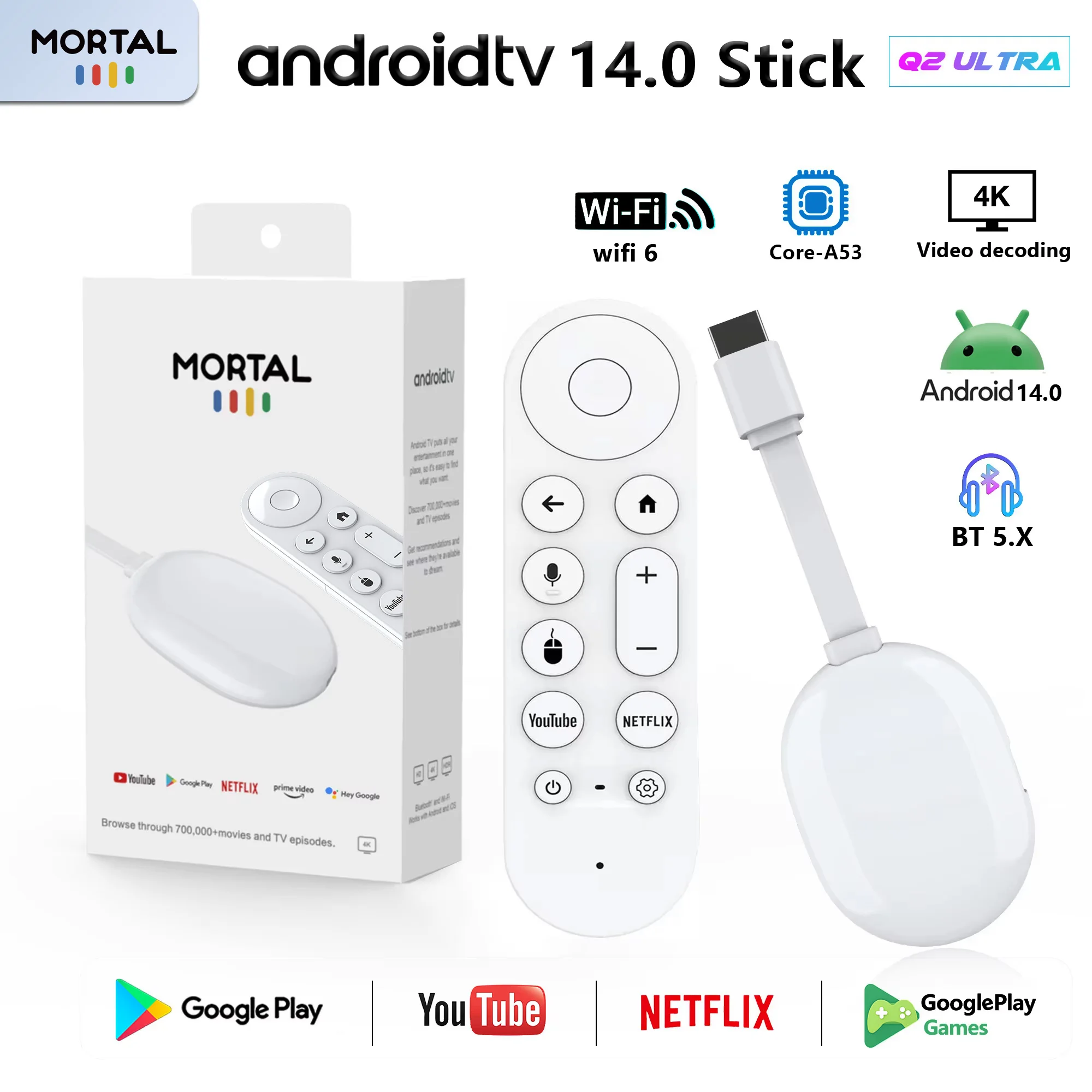 Versão global Android 14.0 Mortal TV Stick Q2 Ultra BT5.X WIFI6 Streaming Wireless HDMI Multi-language Rockchip 3518 TV Dongle