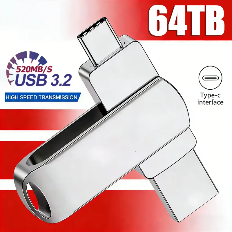 Pen Drive USB 3.2 de 16TB 520MB/s Alta Velocidade 2 em 1 Tipo C OTG à Prova d'Água Grande Armazenamento para Telefone Computador PC