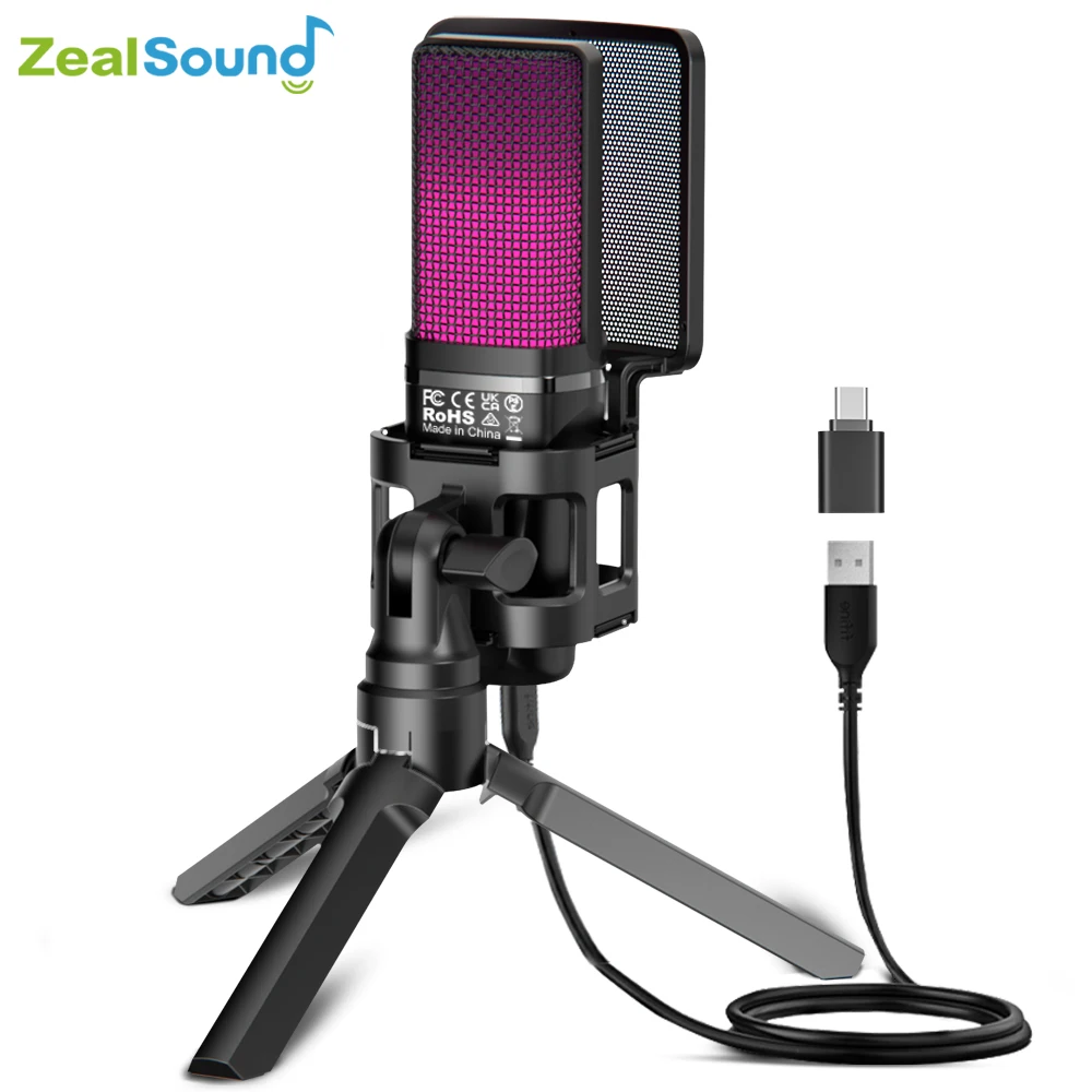 Zealsound rgb usb condensador microfone de jogos computador profissional microfone para pc ps4 ps5 mac telefone gravação streaming podcasting