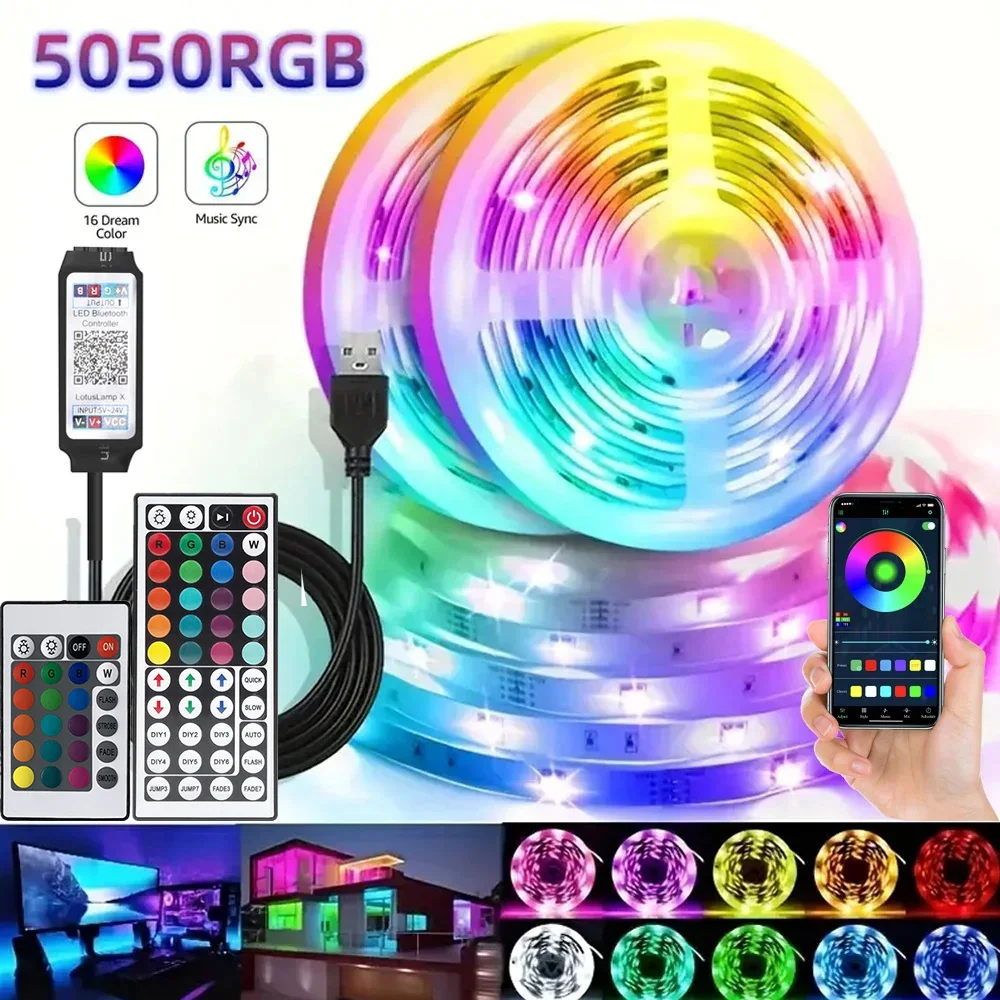 Faixa de luz led rgb inteligente para jogos, usb, luzes de natal, sincronização de música, fita flexível, controle remoto por aplicativo para sala de jogos, luz de fundo de tv