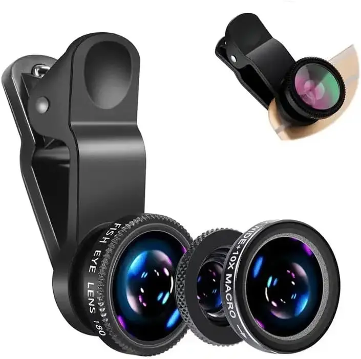 Lente de Câmera 3 em 1 Fisheye Grande Angular para iPhone Xiaomi Redmi, Lente Zoom Fisheye 3 em 1 para Smartphones com Clipe para Telefone