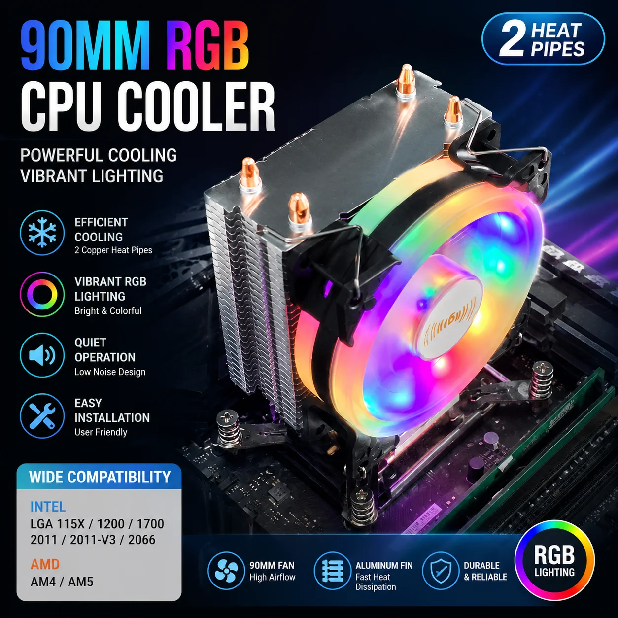 Cooler de CPU com 2 Tubos de Calor, Ventilador RGB para PC, Dissipador de Calor para Intel LGA X99 1366 1150 1151 1155 1200 1700 2011 X79 AMD AM3 AM4 AM5
