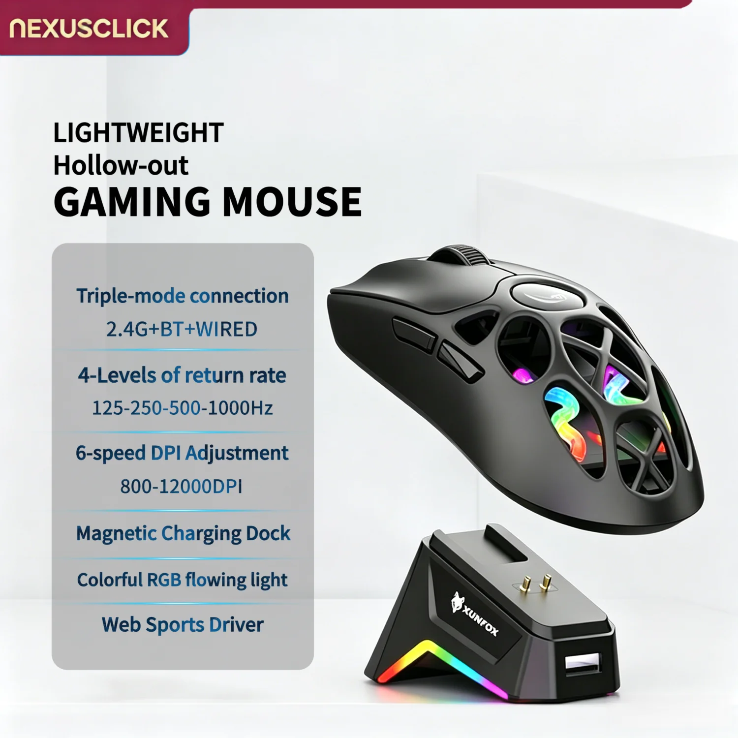 Mouse Gamer Sem Fio NexusClick 3 Modos, 2.4G Bluetooth com Fio 1000Hz 12000DPI RGB com Base de Carregamento Magnética para E-sports