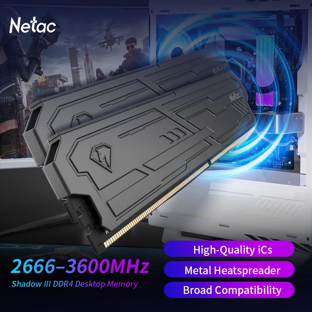 Memória RAM Netac Shadow II DDR4 3200MHz 3600MHz 8G 16G 8Gx2 16Gx2 com Dissipador de Calor XMP2.0, ICs de Alta Qualidade para Computadores Gamer