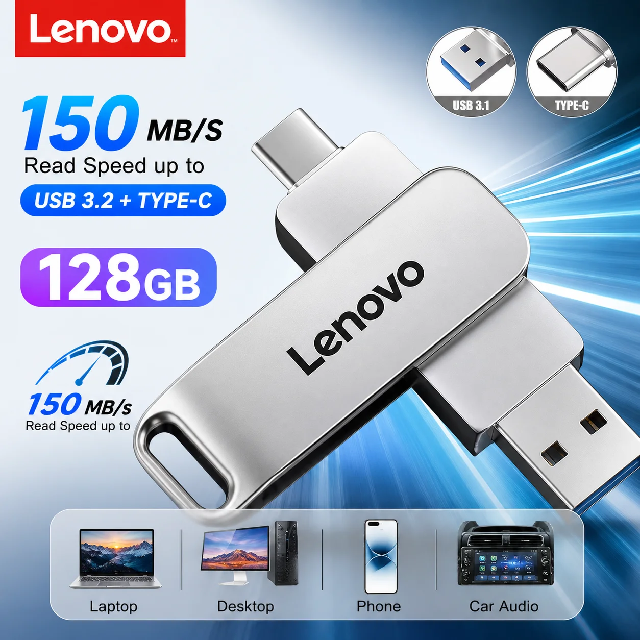 Pen Drive USB 3.0 de Alta Velocidade Lenovo 512GB Várias Capacidades Metalizado para Armazenamento em Celulares e Computadores