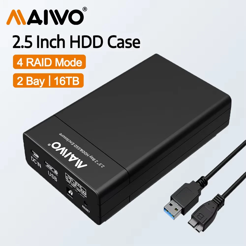 Gabinete de disco rígido RAID MAIWO Dual Bay com USB3.0 para 2,5 ''SATA SSD/HDD Suporte UASP 16TB 4 Modo RAID Gabinete de HDD externo