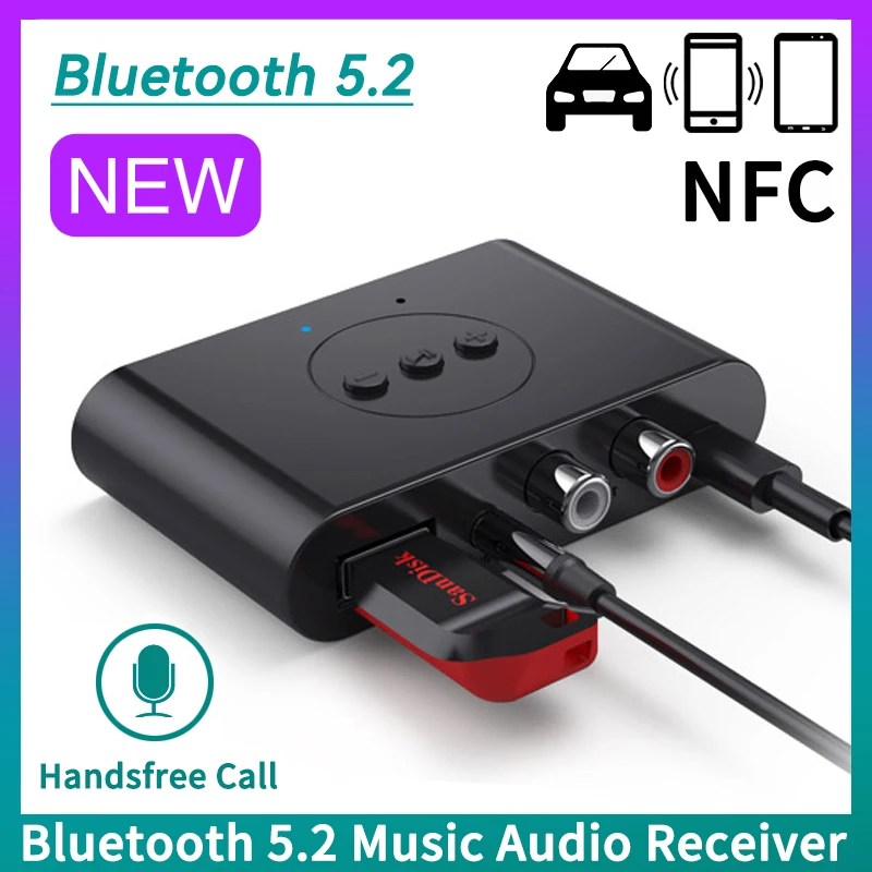 Bluetooth 5.2 receptor de áudio nfc u disco rca 3.5mm aux usb estéreo música adaptador sem fio com microfone para carro kit amplificador alto-falante