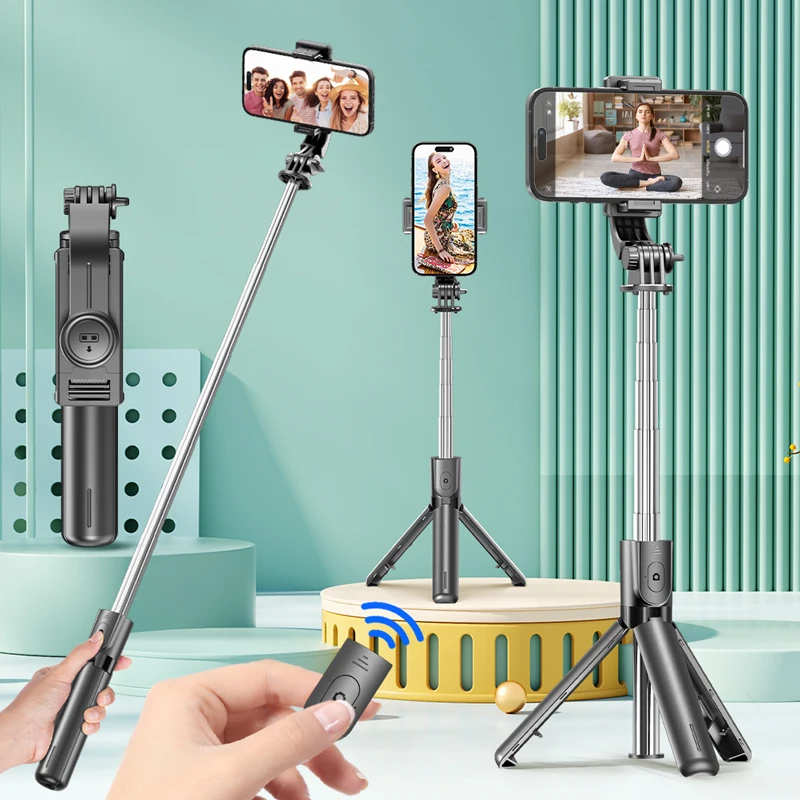 Tripé selfie stick com controle remoto Bluetooth removível, 360 ° Rotação, poste extensível, opção de luz de preenchimento, para telefone iPhone Android