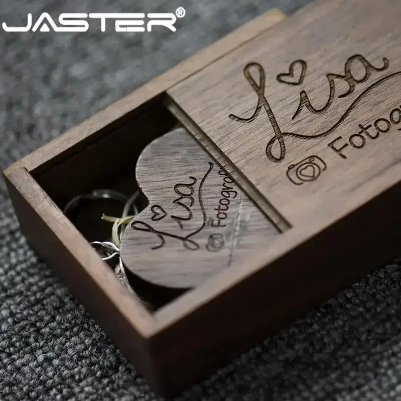 Jaster pen drive coração de madeira de nogueira + caixa usb 2.0 flash drive logotipo personalizado gratuito memória vara com chaveiro presente de casamento u disco 8g