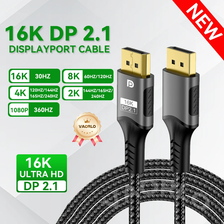 Cabo DisplayPort 16K DP 2.1 8K@120Hz 4K@240Hz 80Gbps HDR para vídeo e áudio, compatível com laptops, TVs, Xbox, projetores e monitores gamer (DP para DP)