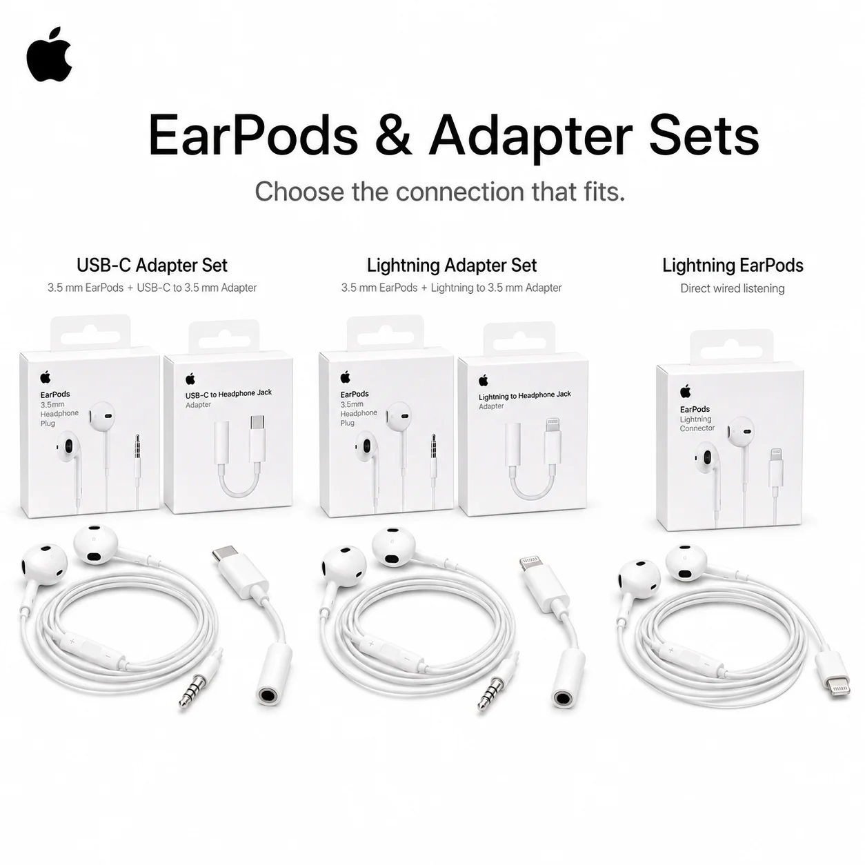 Fones de Ouvido com Fio Oficiais Apple EarPods com Conector Lightning USB-C e 3.5mm, com Microfone e Adaptadores Remotos para iPhone, iPad e MacBook Fones de Ouvido com Fio Oficiais Apple EarPods com Conector Lightning USB-C e 3.5mm, com Microfone e Adaptadores Remotos para iPhone, iPad e MacBook