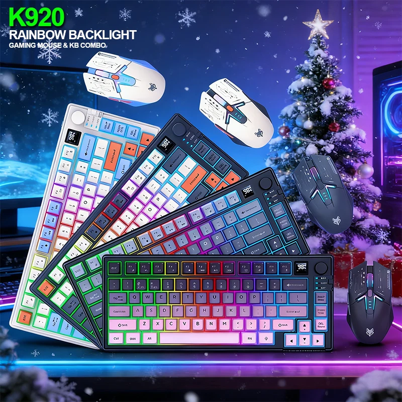 Combo de Teclado e Mouse Gamer Sem Fio 2.4G de Duplo Modo com Retroiluminação RGB, Teclado de Computador com Tela de Exibição e Botão para PC e Laptop