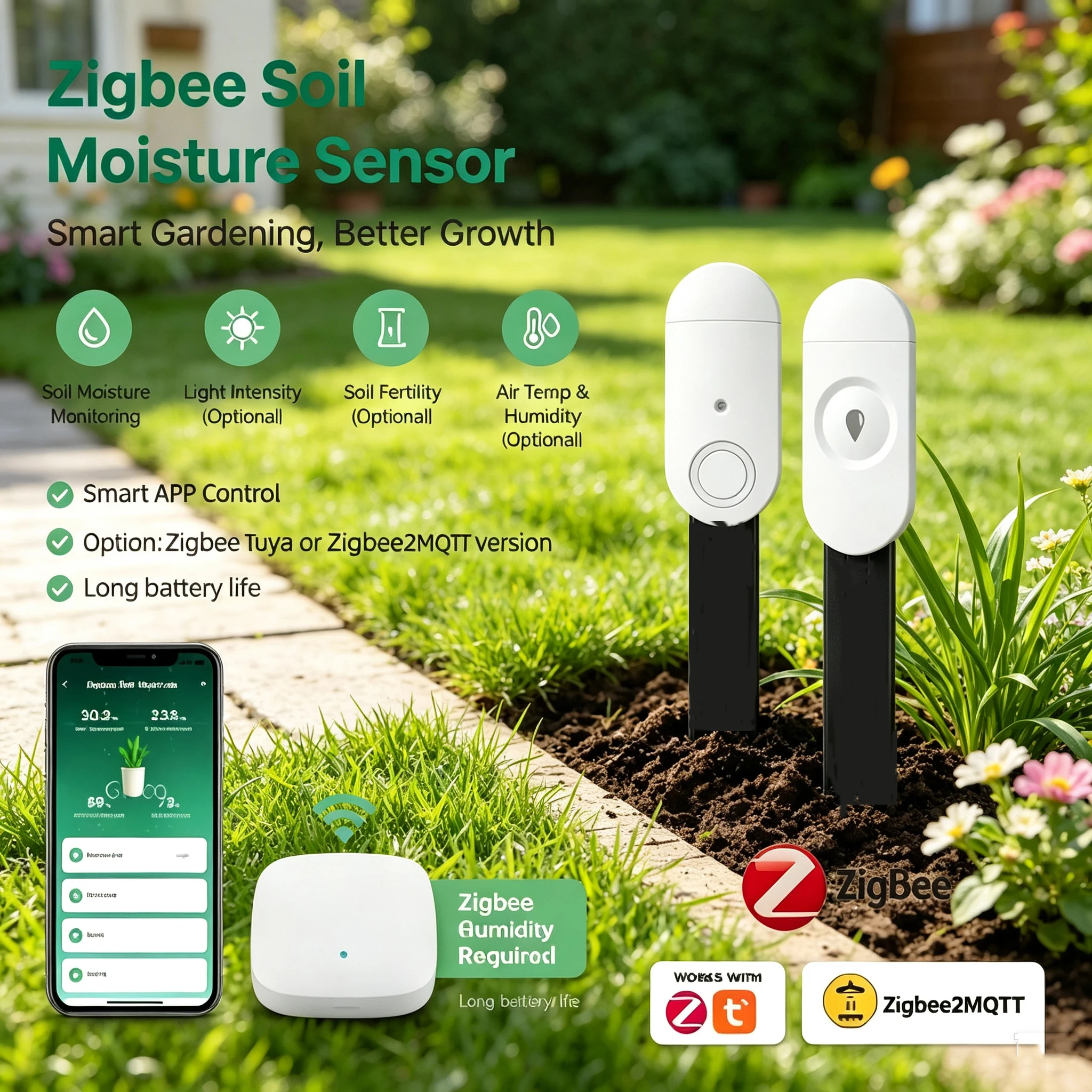 Detector de Temperatura e Umidade Zigbee, Testador Inteligente de Solo, Sensor de Umidade, Monitor em Tempo Real via Aplicativo para Casa e Jardim