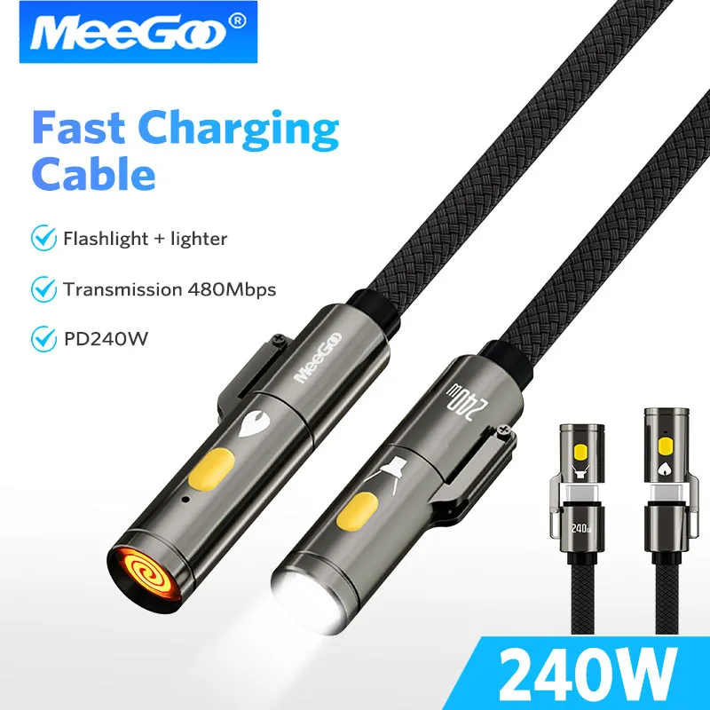 Cabo de Carregamento Rápido MeeGoo 240w Tipo C para Tipo C Multifuncional com Lanterna e Isqueiro, Cabo USB C Trançado com LED para Todos os Celulares