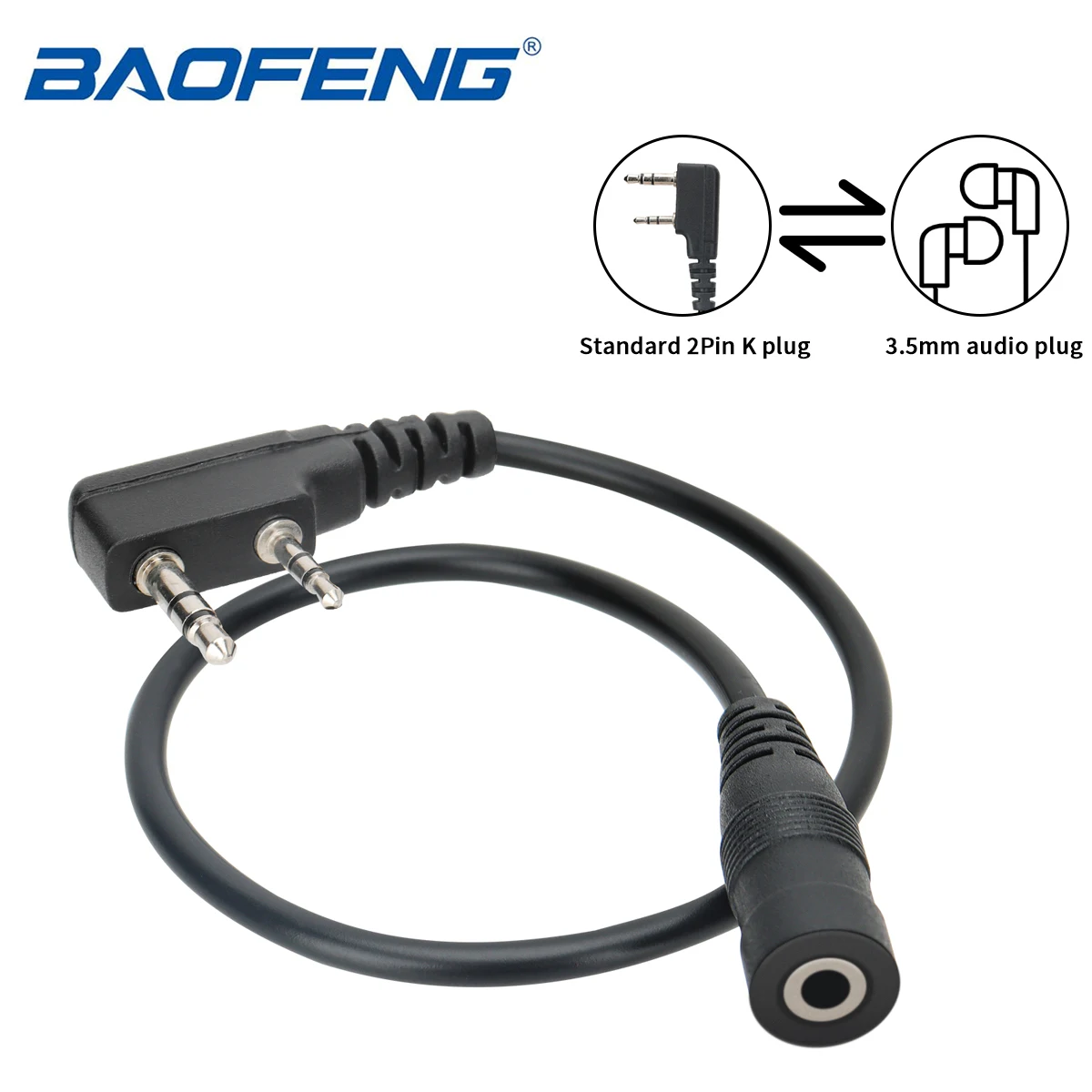 BAOFENG 2 pinos para 3,5 mm Quansheng Walkie Talkies Adaptador de fone de ouvido Cabo adaptador compatível com BAOFENG UV-5R APPI