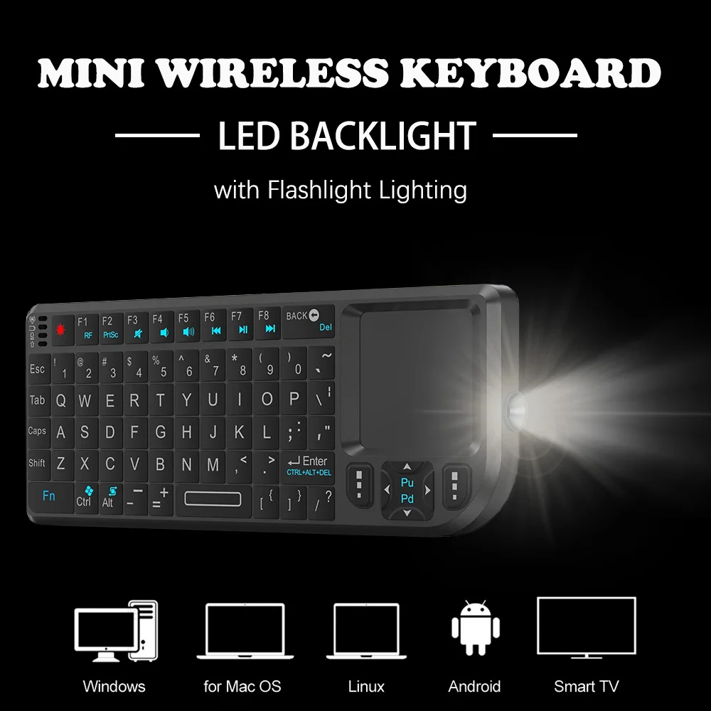 Teclado sem fio 2.4G com mouse touchpad com luz de fundo de 7 cores e lanterna - portátil aplicável - perfeito para PC Smart TV Box