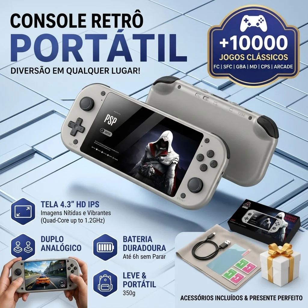 Console Portátil Retro 4.3" Tela LCD Quad-Core Jogos Clássicos 25 Emuladores Videogame Portatil