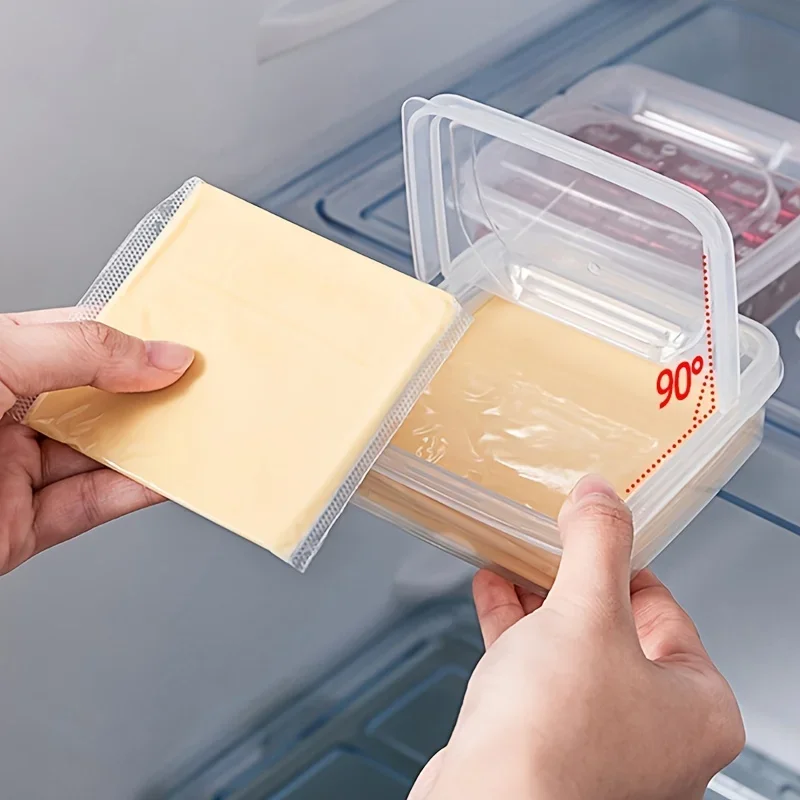 Recipiente de queijo fatiado para geladeira, bloco de manteiga de plástico transparente caixa de armazenamento de fatia de queijo com tampa flip para alimentos de geladeira 1 peça