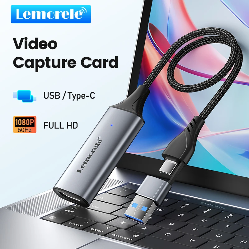 Lemorele 1080P Placa de captura de vídeo HDMI para USB A/USB-C Grabber de vídeo para câmera de computador Jogo Gravação de reuniões de transmissão ao vivo