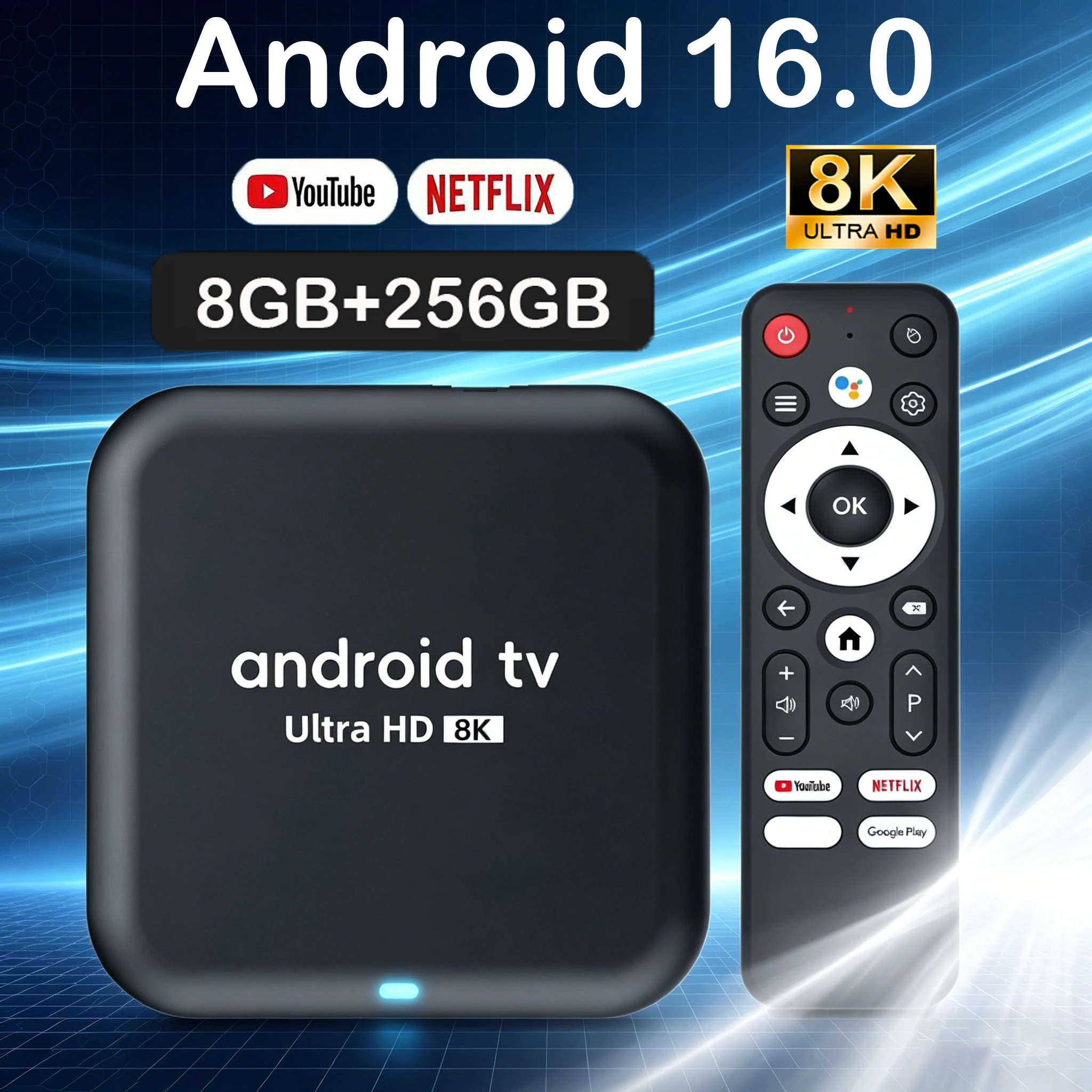 Caixa de TV Inteligente Android 16 Q18 com Chip RK3518, 8GB+256GB, Reprodutor de Mídia 8K, Assistente de Voz Google, Dual WiFi BT 6.0, Set Top Box Muito Rápido