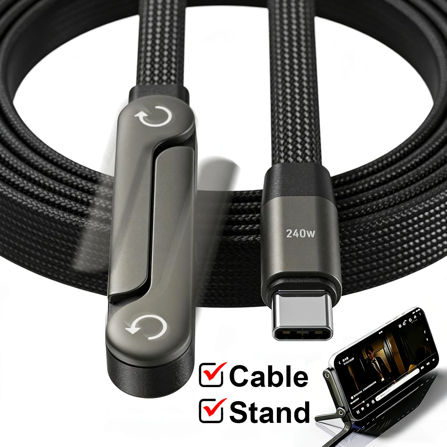 Cabo Tipo-C para Tipo-C de 240W com Conector em L, Carregamento Rápido e Suporte Dobrável para Celular, Compatível com iPhone 17/16/15 e Carregador Samsung
