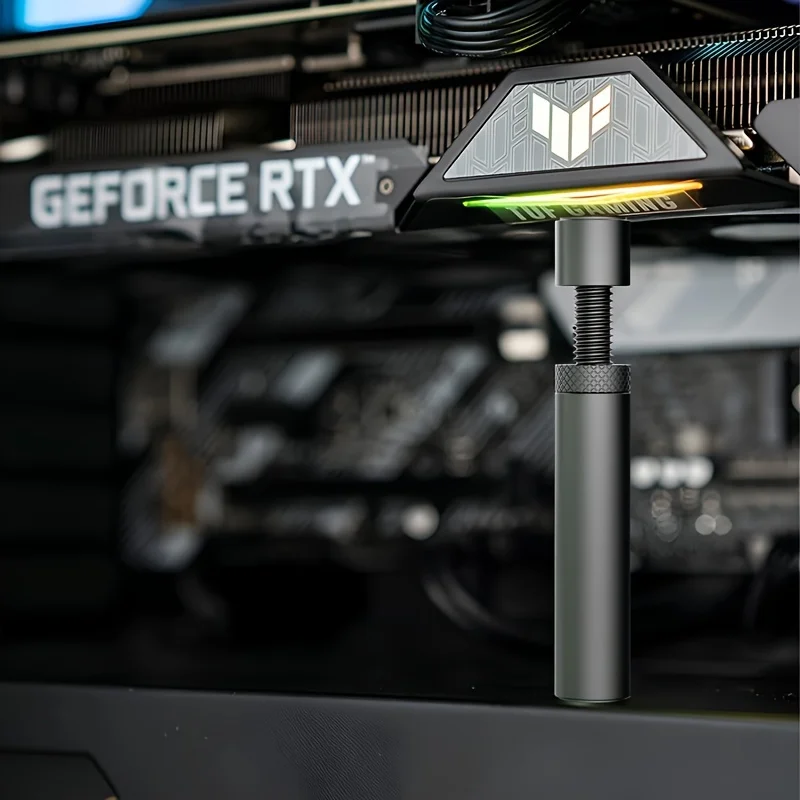 Suporte vertical telescópico e rotativo para placa de vídeo, com base magnética, para uso em gabinetes de computador.