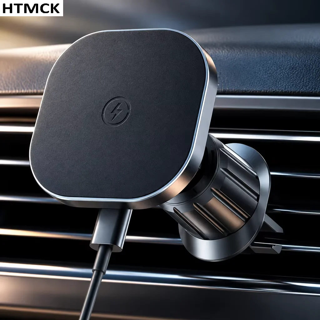 Carregador sem fio magnético para carro, suporte para telemóvel que se fixa na grelha de ventilação, com carregamento sem fio rápido de 15 W para smartphones.